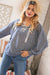 Blue Cotton Terry Floral Lace Up Bubble Sleeve Pullover