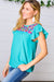 Turquoise Floral Embroidered Ruffle Short Sleeve Top